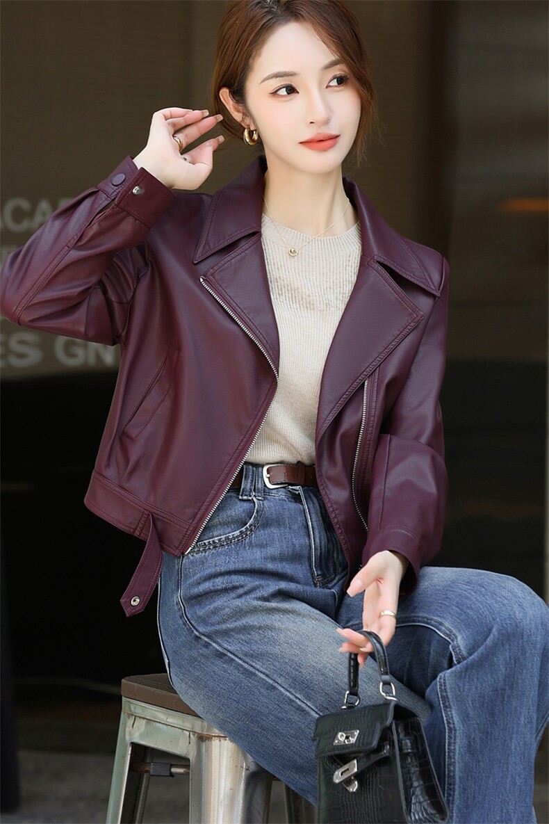 翻领港味休闲宽松显瘦时尚百搭短款皮衣外套女2024秋季新款皮夹克,女装皮衣,欧兰熙