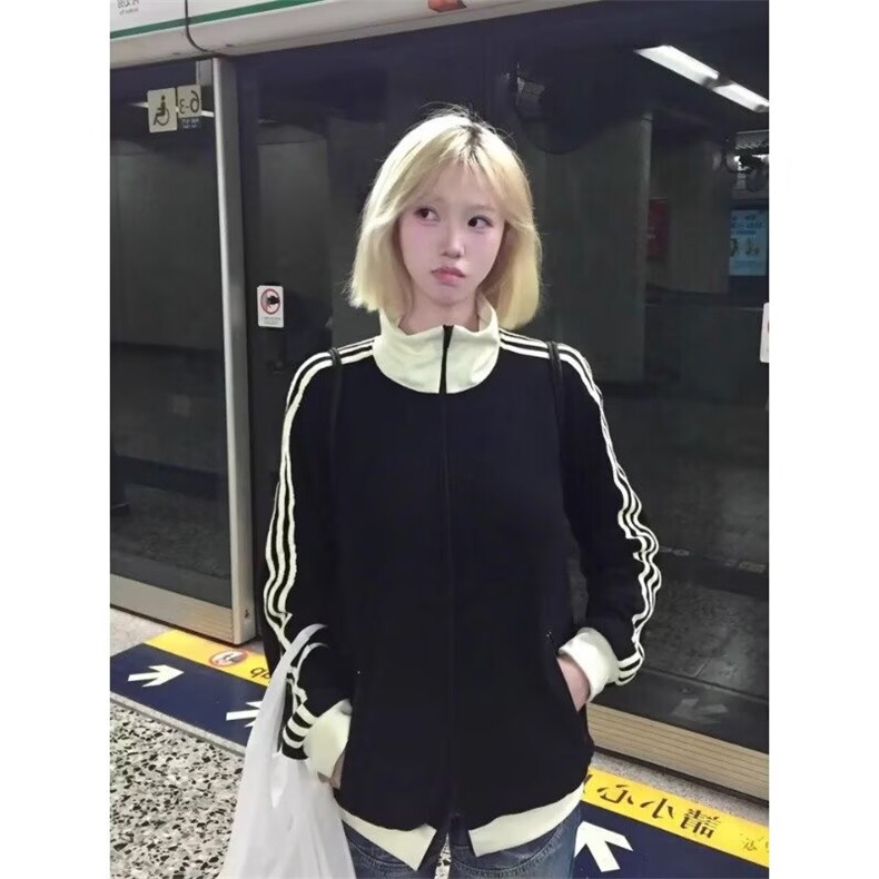 藏蓝色立领条纹棒球服外套男秋季新款美式高级感休闲运动上衣,女装短外套,星座506A