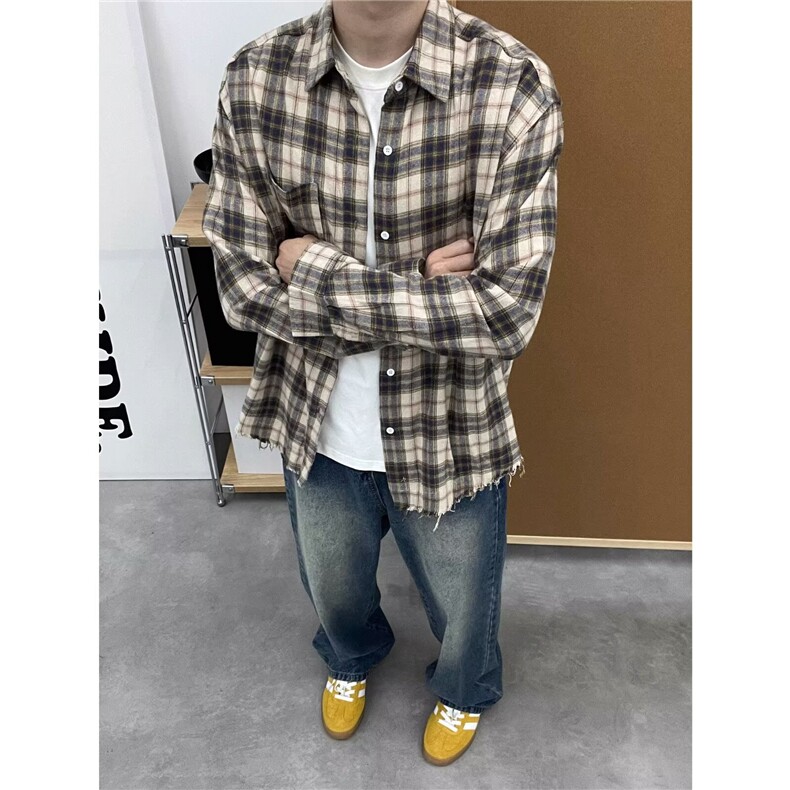 [006]休闲格子长袖衬衫男宽松百搭氛围感毛边上衣A079-C3054-P35,男装衬衫,电商A079