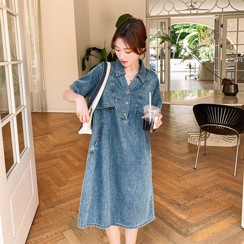 俏皮减龄牛仔连衣裙女2023夏新款韩版宽松小个子显瘦高级感衬衫裙,女装连衣裙,2C037