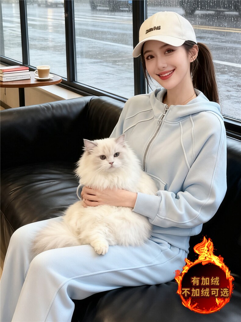 韩版开衫加绒卫衣套装女秋冬保暖新款连帽宽松上衣长裤时尚两件套,女装套装/套裙,江南