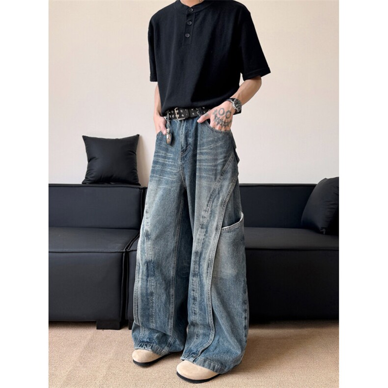 水洗复古解构弯刀牛仔裤美式宽松阔腿廓形拖地裤子N664-P60，男装牛仔裤，星座308B-2