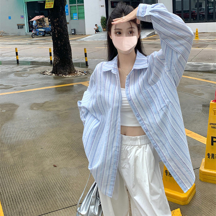 条纹棉麻衬衫女春夏季设计感休闲宽松防晒长袖衬衣薄款上衣外套潮,男装防晒衣,星座1210-1