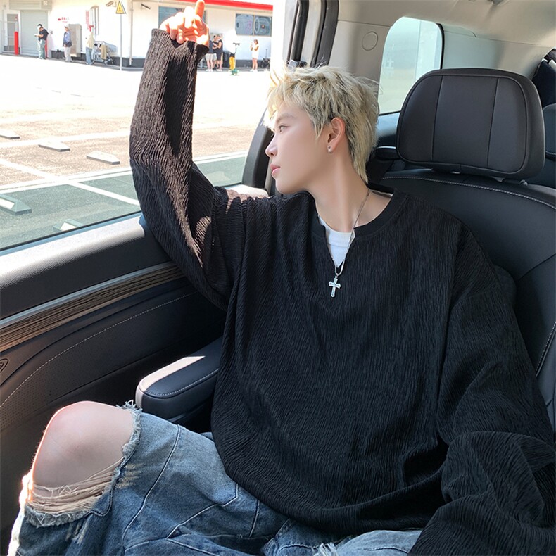 特批P25无差价秋季新款肌理感V领卫衣打底衫男潮休闲长袖T恤T1704,男装T恤,电商A001-1