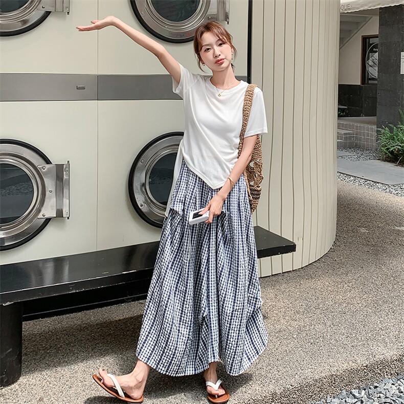 韩系不规则T恤格纹半身裙套装2025新款女夏季穿搭轻熟气质两件套,女装套装/套裙,2C037