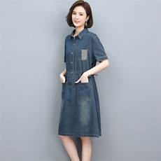2022夏季新款时尚气质翻领收腰显瘦休闲舒适牛仔连衣裙，女装牛仔裙，忆绮罗