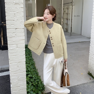 卡其色双面羊绒大衣女短款2025新款韩版时尚单排扣宽松毛呢外套图片