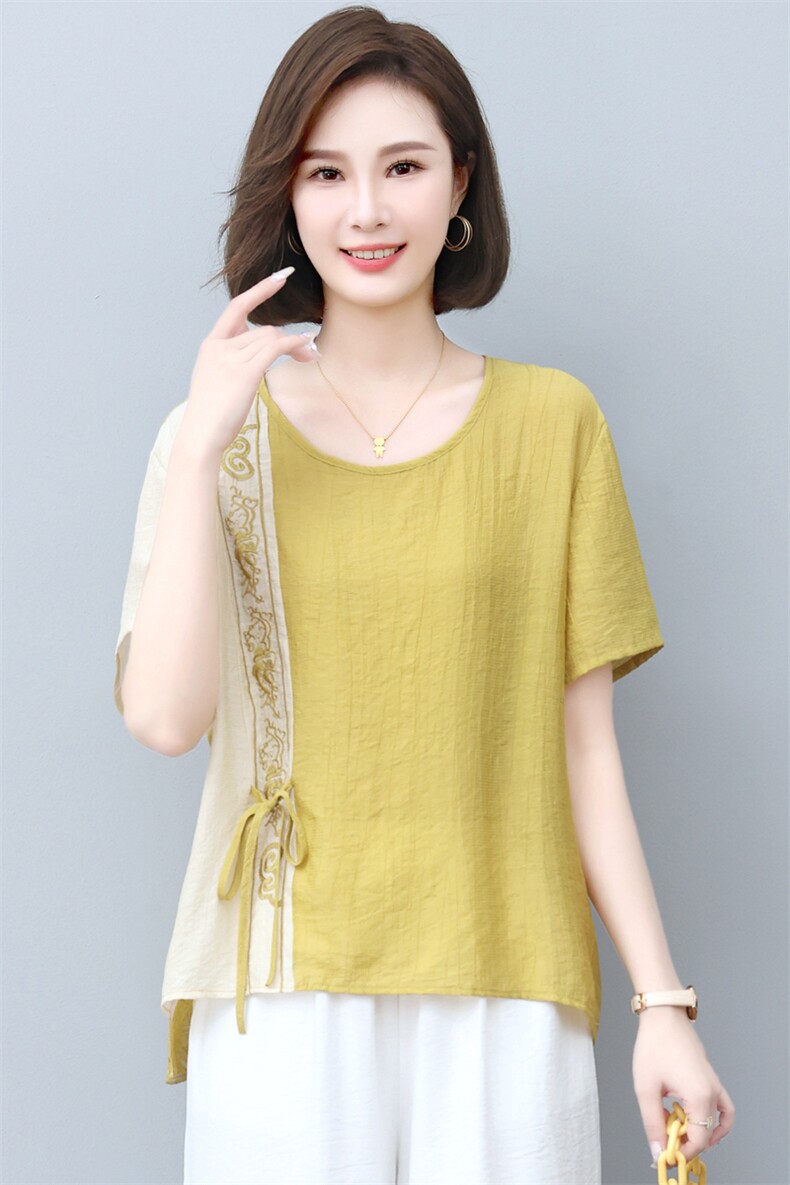 新款2025年夏季天丝刺绣T恤拼接上衣女中老年妈妈装三年不下架,女装T恤,璐依舞