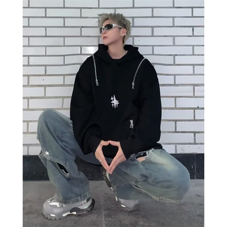 设计感拉链重磅卫衣男春秋潮连帽解构宽松上衣高街外套QW338-P50,男装卫衣,星座1008