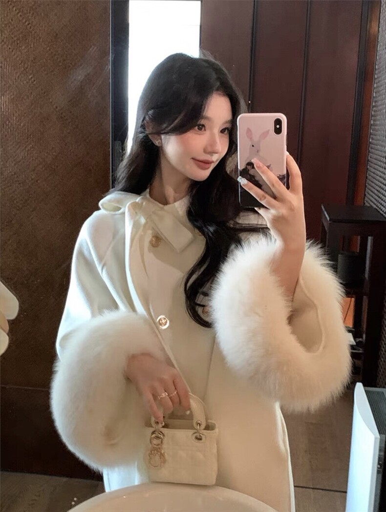 【依嘟】狐狸毛袖口斗篷双面大衣女冬宽松羊毛外套(配可拆真狐狸,女装双面呢大衣,依嘟服饰