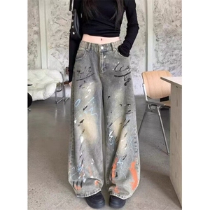 高街泼漆涂鸦阔腿牛仔裤女秋季做旧废土风设计感直筒裤子 NA1880图片