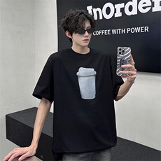 潮牌短袖T恤立体咖啡杯设计感T恤美式复古休闲打底短袖T恤特P38，男装T恤，电商B319