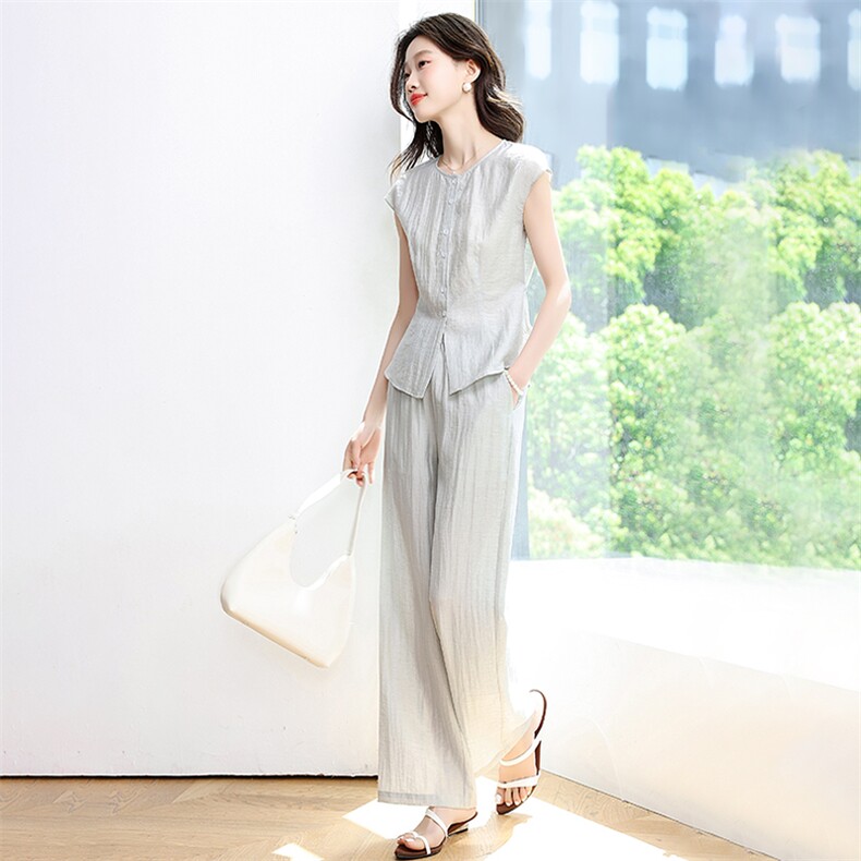 2025夏季新款通勤松弛感亚麻无袖上衣套装女搭配阔腿裤长裤两件套,女装套装/套裙,星宇服饰