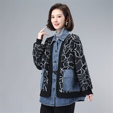 2021年冬季通勤宽松加绒长袖文艺拼接牛仔颗粒绒外套，女装卫衣/绒衫，叶笙衣