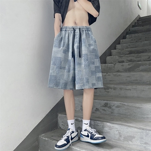 点击好2026夏季港风大码宽松格子牛仔裤短裤DK22817-P40图片