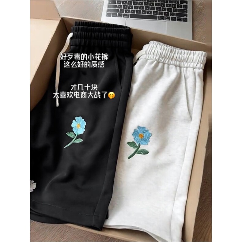 B221 美式ins高街刺绣小花休闲短裤五分裤 LK25544-特P25控58.8图片