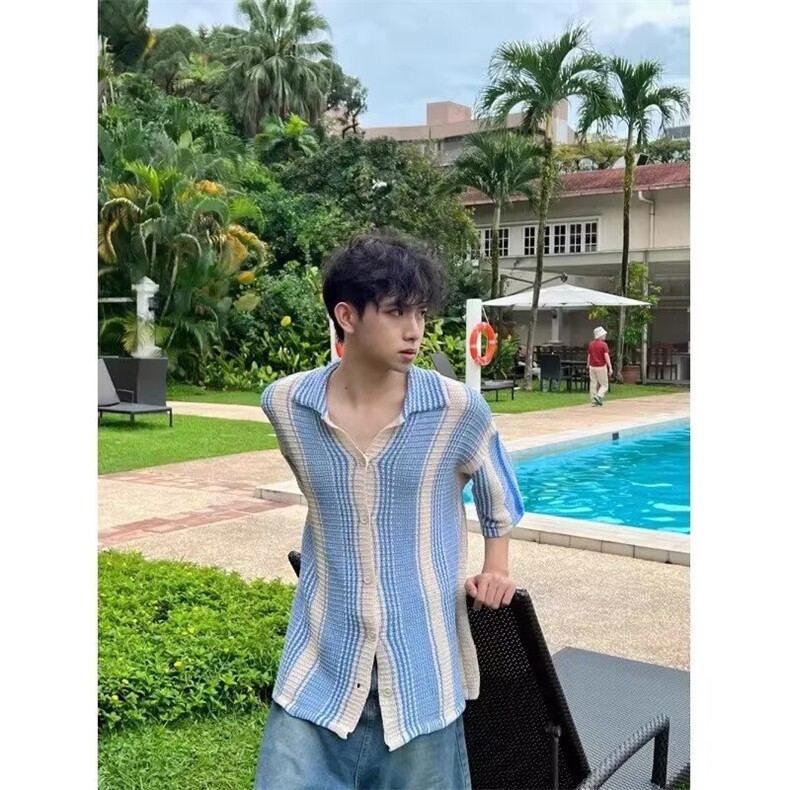 复古撞色条纹开衫短袖衬衫男夏季潮流ins宽松翻领休闲针织衫薄款,男装针织衫/毛衣,星座1210-1