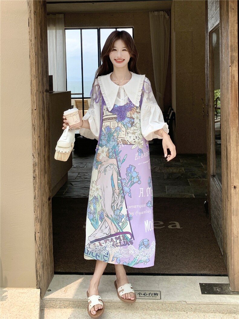 印花套装女夏季2026新款法式娃娃领衬衫蕾丝刺绣领口吊带裙两,女装连衣裙,艾米莉亚