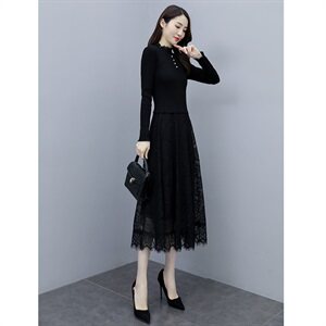 2023秋季新款半高领配花边四颗扣针织线衣蕾丝长款打底连衣裙，女装连衣裙，安之芮娜