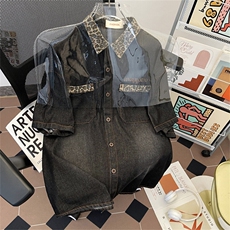 美式高街潮牌时尚高质量短袖衬衫男女复古豹纹拼接衬衣JK1187-P58，男装T恤，星座1103-3