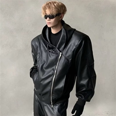 欧美嘻哈街头拉链解构连帽皮衣外套男小众潮牌高级感宽松PU皮夹克，男装夹克，星座506A