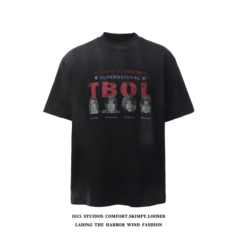 （重磅350克双纱）洗水做旧宽松圆领情侣短袖T恤1015-T611-P65，男装T恤，四季星座1015