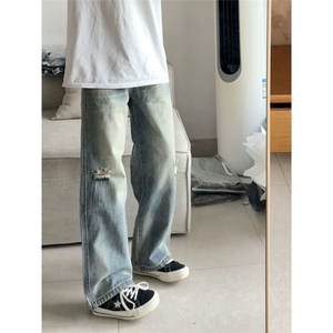 怀旧蓝破洞窄版阔腿牛仔裤男中腰遮胯显瘦直筒拖地裤NWY30图片