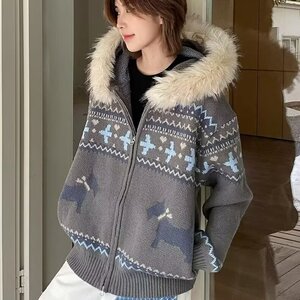 CHICXIXI 25AW 复古费尔岛大毛领连帽开衫双拉链毛衣外套男女秋冬图片