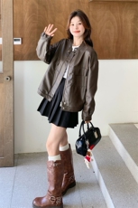 口袋短款水洗皮春季薄款厚款皮衣休闲ins上衣春秋网红时尚百搭，女装短外套，2C053