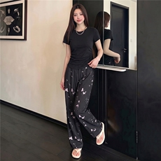 韩版休闲运动套装女夏季新款修身显瘦圆领短袖上衣印花长裤两件套，女装套装/套裙，江南