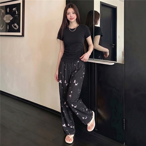 韩版休闲运动套装女夏季新款修身显瘦圆领短袖上衣印花长裤两件套图片