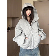 美式复古珍珠设计感连帽卫衣男女外套秋季新款运动服休闲上衣潮，女装短外套，星座715-4