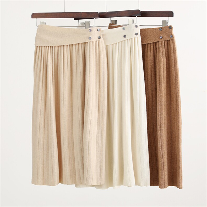 2024秋季新款四扣半身中长款百褶裙宽松舒适，女装半身裙，玛莎羊绒