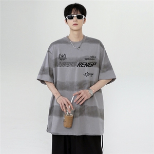 夏季晕染条纹水洗做旧青少年短袖男小领口半袖T恤T318-P28图片