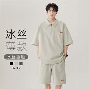 特批P45无差价夏潮流港风小众套装男短袖Polo衫T恤五分短裤TZ056图片