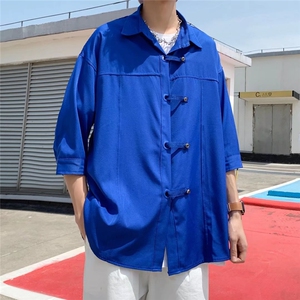 克莱因蓝潮衬衫男夏季设计感小众上衣ins冰丝七分袖C4071P28图片