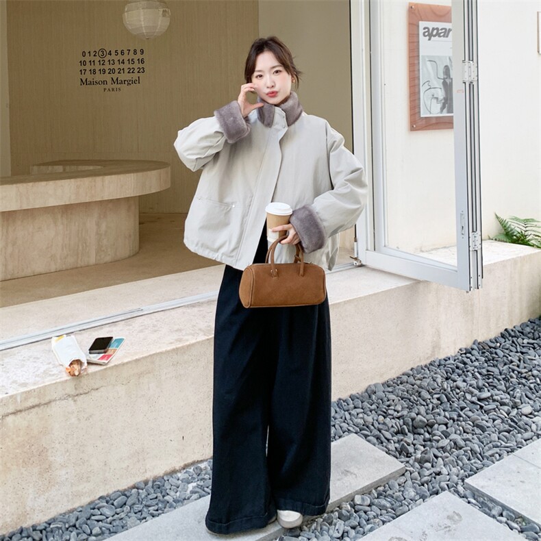 率性简约风毛绒拼接羽绒服女2025冬新款休闲气质防风立领羽绒外套,女装羽绒服,艾米莉亚