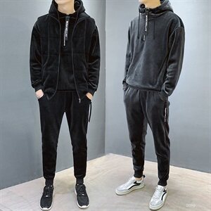 冬季金丝绒卫衣套装男 加绒三件套潮流休闲运动外套DS304T图片