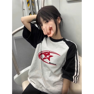 夏季美式高街重磅纯棉三条杠织带插肩撞色男女短袖T恤 CZ28-特P25图片