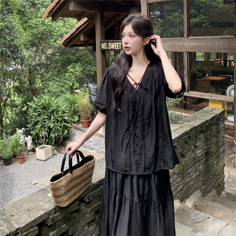 法式复古气质V领短袖衬衫套装夏新款设计感宽松显瘦半身裙两件套,女装套装/套裙,2C273