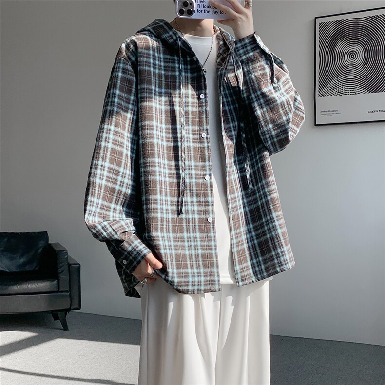 连帽格子衬衫男春季宽松大码慵懒风复古潮牌格纹休闲外套CS29011,男装衬衫,电商B312