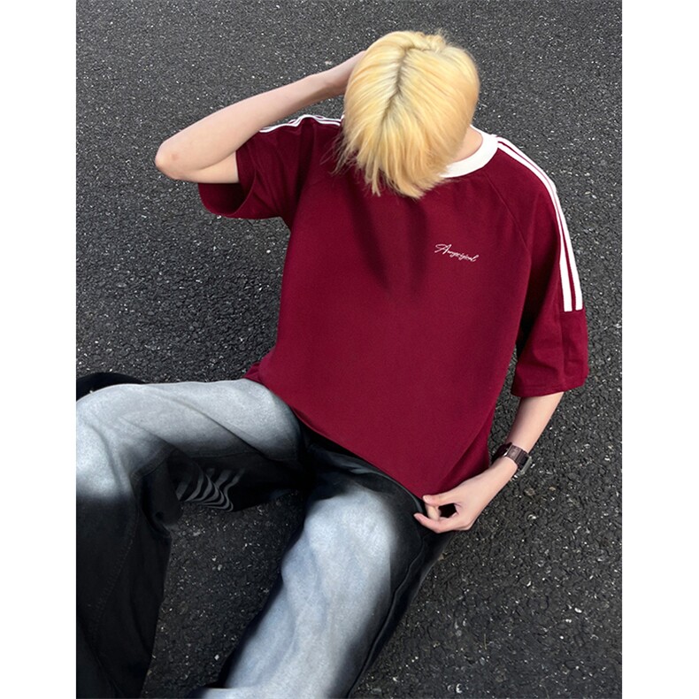 可48小时发货支持抖音得物来样二开重磅美式高街纯棉织带短袖T恤,男装T恤,电商A486-1