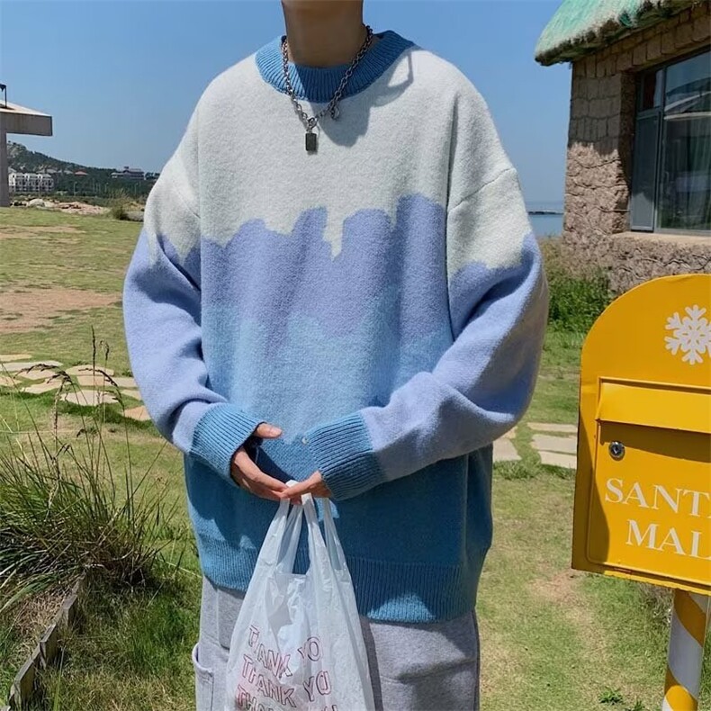 美式街头设计感圆领毛衣男慵懒风休闲针织衫M46P36图片