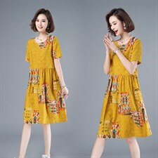 2021年夏季圆领中长款A字裙妈妈装连衣裙印花套头韩版通勤高腰裙，女装连衣裙，伊满意
