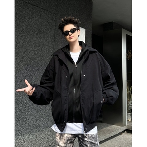 假两件夹克男春秋季宽松休闲潮牌复古小众解构连帽外套9348P90