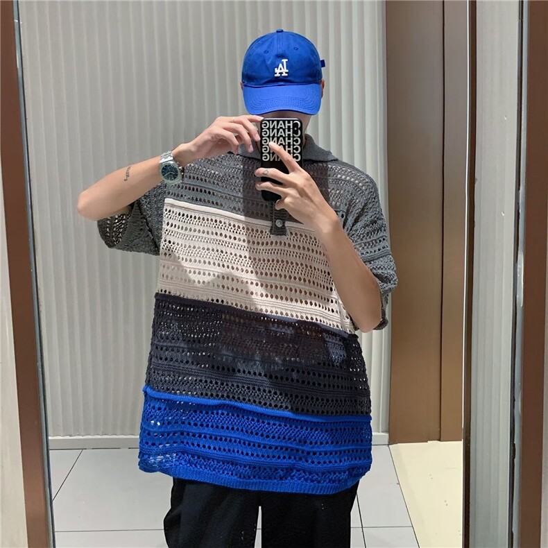 复古撞色镂空针织衫男夏季情侣翻领休闲宽松半袖衬衫上衣MY44P38,男装针织衫/毛衣,星座410-2