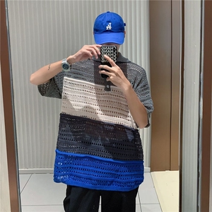 复古撞色镂空针织衫男夏季情侣翻领休闲宽松半袖衬衫上衣MY44 P38图片