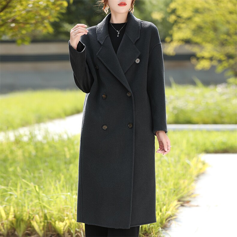 2024秋冬新款女士长款高级感排扣韩版网红风时尚羊毛大衣，女装双面呢大衣，豪顺羊绒