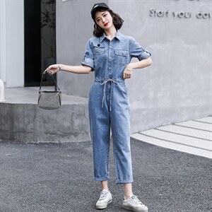 休闲牛仔连体裤女2024春夏新款高腰时尚显瘦百搭工装小个子连衣裤图片