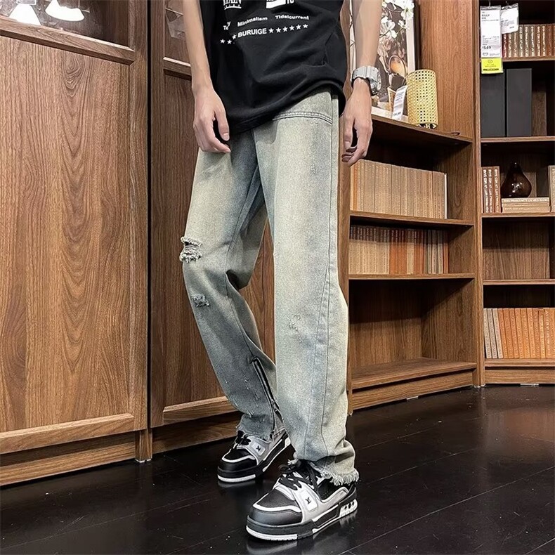 破洞牛仔裤男秋夏拉链开叉设计感高级潮牌宽松直筒裤子RK759-P49,男装牛仔裤,星座412-3